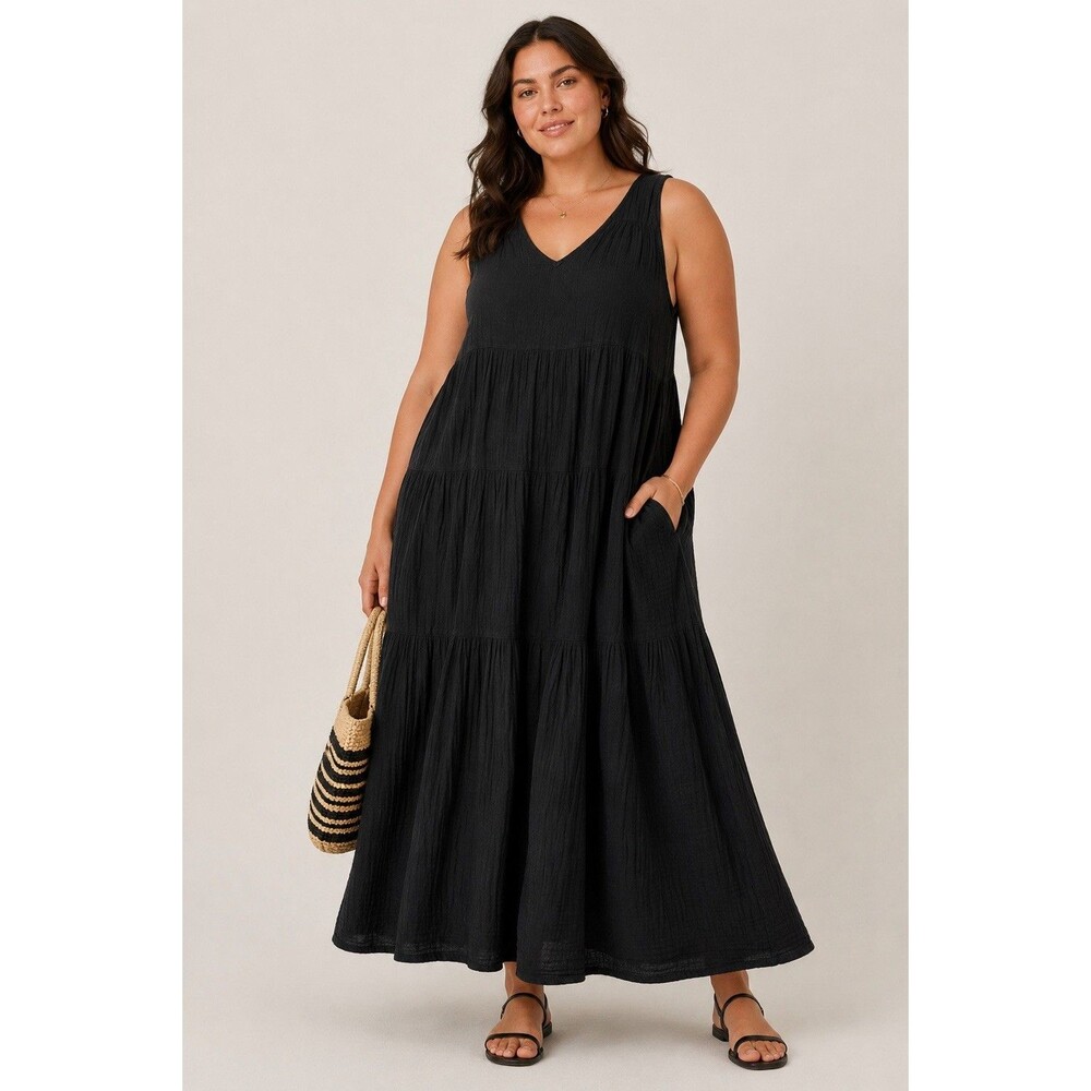 Quince Organic Cotton Gauze Tiered Maxi Dress Black Sleeveless 2X Plus Size